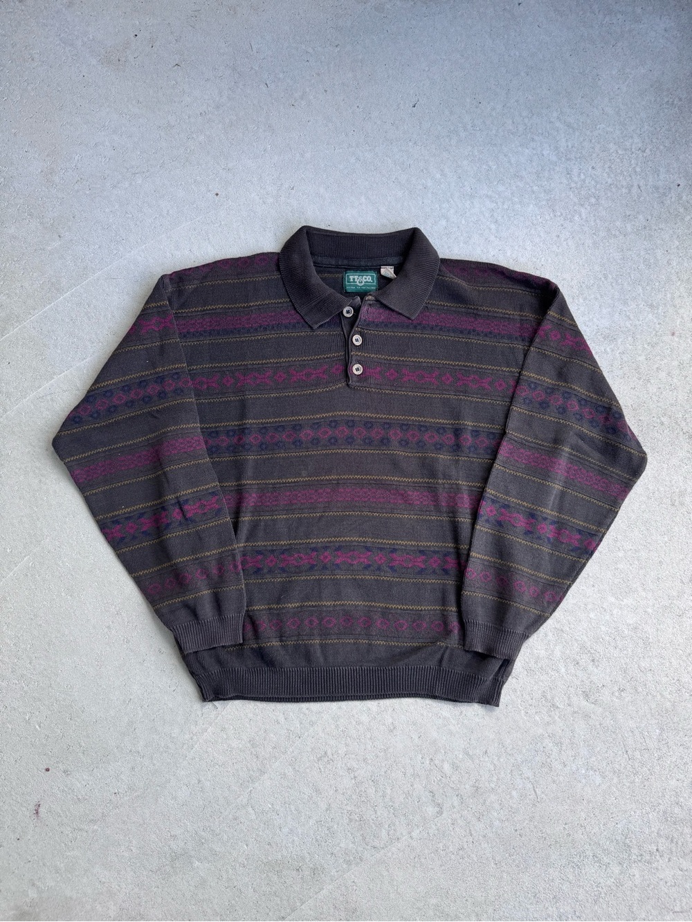 Vintage-Inspired Dark Gray V-Neck Polo Sweater with Burgundy Stripe Detail